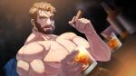  1boy alcohol another_eidos-r bara bart_(another_eidos) beard blue_eyes blurry blurry_background brown_hair cigarette cup eyepatch facial_hair holding holding_cigarette holding_cup hrio_(orenoaluze) large_pectorals male_focus manly multicolored_hair muscular muscular_male nipples official_art one_eye_covered open_mouth pectorals solo thick_eyebrows two-tone_hair upper_body white_hair 