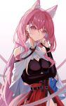  1girl animal_ear_fluff animal_ears arknights arm_under_breasts bare_shoulders black_bra bra breasts cowboy_shot cube_(cuberoot-of-e) earrings extra_ears hand_up head_rest jewelry long_hair looking_at_viewer medium_breasts pink_eyes pink_hair pozyomka_(arknights) red_skirt simple_background skirt solo underwear very_long_hair white_background wolf_ears wolf_girl 