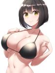  1girl bare_shoulders bikini black_bikini black_hair bob_cut breasts cleavage closed_mouth collarbone contrapposto covered_nipples hair_between_eyes hands_up highres idolmaster idolmaster_cinderella_girls large_breasts looking_at_viewer medium_hair navel pataneet shiny shiny_clothes simple_background smile solo swimsuit takafuji_kako upper_body white_background yellow_eyes 