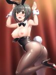  1girl @_@ ahoge ass back-seamed_legwear bare_shoulders black_bow black_footwear black_hair black_pantyhose blush bow bowtie breast_slip breasts breasts_out brown_eyes bunny_pose cowboy_shot curtains detached_collar from_behind hair_between_eyes high_heels highres idolmaster idolmaster_cinderella_girls kohinata_miho large_breasts looking_back medium_hair nipples open_mouth pantyhose pataneet playboy_bunny seamed_legwear solo standing standing_on_one_leg tareme traditional_bowtie wardrobe_malfunction wrist_cuffs 