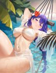  1girl absurdres bikini blush braid braided_ponytail breasts flower genshin_impact hammock hibiscus highres large_breasts long_hair lying mole mole_under_eye navel on_back parted_lips purple_eyes purple_hair raiden_shogun red_flower sarong shaobao_(sdhx3728) shawl solo stomach swimsuit underboob very_long_hair water wet white_bikini 