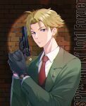  amayofuu black_gloves black_vest blonde_hair blue_eyes brick_wall character_name chromatic_aberration closed_mouth collared_shirt copyright_name frown gloves green_jacket gun handgun highres holding holding_gun holding_weapon jacket long_sleeves necktie open_clothes open_jacket red_necktie shiny shiny_hair shirt short_hair spy_x_family twilight_(spy_x_family) vest weapon white_shirt wing_collar 