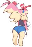  anthro audino big_breasts big_butt blue_eyes bottomwear breasts butt clothing cosplay cutoffs denim denim_clothing female hat headgear headwear hilda_(pok&eacute;mon) looking_back multicolored_body nintendo open_mouth plantpenetrator pok&eacute;mon pok&eacute;mon_(species) pupils shirt shorts solo topwear two_tone_body vest video_games white_pupils 