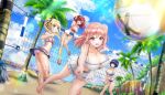  4girls bare_arms bare_legs barefoot beach beach_volleyball bikini blonde_hair blue_eyes blue_hair blue_sky breasts cleavage cloud dead_or_alive dead_or_alive_xtreme dolphin_hair_ornament dolphin_wave frilled_skirt frills game_cg green_eyes hair_between_eyes hair_intakes hair_ornament hair_ribbon hairclip highres honoka_(doa) large_breasts marie_rose multiple_girls non-web_source official_art ootomo_takuji open_mouth outdoors palm_tree pink_hair pleated_skirt red_eyes red_hair ribbon sakimiya_iruka short_hair side_ponytail skirt sky small_breasts striped_bikini striped_clothes swimsuit tojou_michiru tree twintails volleyball_net 