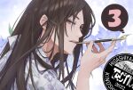  1boy adam&#039;s_apple alternate_costume blue_flower brown_hair countdown eyelashes flower grey_eyes hair_behind_ear holding holding_smoking_pipe japanese_clothes kimono kinoshita_sakura kiseru looking_down male_focus messy_hair open_mouth pipe_in_mouth smoking smoking_pipe solo sugino_(tactics) tactics teeth tongue upper_body upper_teeth_only yukata 