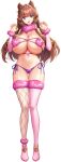  1girl absurdres akagi_rio ass_visible_through_thighs bell blue_eyes boots breasts brown_hair claw_pose cleavage detached_sleeves double_bun eibel_haurisia fur-trimmed_legwear fur-trimmed_sleeves fur-trimmed_thighhighs fur_bikini fur_collar fur_trim game_cg gao hair_bell hair_bun hair_ornament hands_on_own_chest high_heel_boots high_heels highres huge_breasts long_hair long_sidelocks looking_at_viewer low-tied_sidelocks milk_factory motto!_haramase!_honoo_no_oppai_isekai_oppai_maid_gakuen! non-web_source official_art open_mouth panties pink_fur pink_thighhighs purple_panties revealing_clothes side-tie_panties sidelocks single_fishnet_legwear single_thighhigh smile solo sprite standing thighhighs transparent_background underwear 