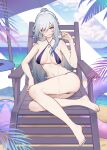  1girl absurdres ass ball barefoot beach_chair beach_umbrella beachball bikini blue_nails blue_sky breasts chinese_commentary cloud cloudy_sky collarbone commentary cup day earrings elbow_rest feet grey_hair hair_between_eyes highres holding holding_cup honkai:_star_rail honkai_(series) jewelry jingliu_(honkai:_star_rail) large_breasts large_variant_set legs long_hair looking_at_viewer nail_polish navel outdoors paid_reward_available parted_lips pouring pouring_onto_self purple_bikini red_eyes sakazuki sitting sky smirk solo stomach swim_ring swimsuit thighs toenail_polish toenails toes umbrella variant_set very_long_hair yunkaiming 