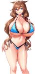  1girl absurdres akagi_rio animal_ears arm_at_side arm_up bikini blue_bikini blue_eyes breasts brown_hair cleavage closed_mouth covered_nipples fake_animal_ears game_cg hair_ribbon heart heart_in_eye highres huge_breasts jewelry lace_trim long_hair looking_at_viewer low-tied_sidelocks messy_hair milk_factory motto!_haramase!_honoo_no_oppai_isekai_oppai_maid_gakuen! navel non-web_source official_art red_ribbon ribbon ring saizel_haurisia side-tie_bikini_bottom skindentation smile solo swimsuit symbol_in_eye transparent_background twintails underboob wedding_ring 