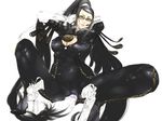  1girl bad_id bad_pixiv_id bayonetta bayonetta_(character) black_hair bodysuit breasts cleavage glasses grinding hetero large_breasts legs long_hair mole mole_under_mouth mumaya penis solo_focus spread_legs thighs 