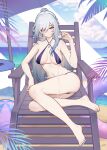  1girl absurdres ass ball barefoot beach_chair beach_umbrella beachball bikini blue_nails blue_sky breasts chinese_commentary closed_mouth cloud cloudy_sky collarbone commentary cup day earrings elbow_rest feet grey_hair hair_between_eyes highres holding holding_cup honkai:_star_rail honkai_(series) jewelry jingliu_(honkai:_star_rail) large_breasts large_variant_set legs long_hair looking_at_viewer nail_polish navel outdoors paid_reward_available pouring pouring_onto_self purple_bikini red_eyes sakazuki sitting sky solo stomach swim_ring swimsuit thighs toenail_polish toenails toes umbrella variant_set very_long_hair yunkaiming 
