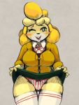  2018 5_fingers animal_crossing anthro blush breasts canid canine canis clothed clothing digital_media_(artwork) domestic_dog female flashing fur hair isabelle_(animal_crossing) latchk3y legwear looking_at_viewer mammal nintendo one_eye_closed panties presenting_panties raised_skirt shih_tzu short_hair simple_background solo standing stripped_panties thick_thighs thigh_highs underwear video_games wink yellow_fur 
