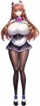  1girl absurdres akagi_rio apron bell blue_eyes bow bowtie breasts brown_hair collar_jewel double_bun dress eibel_haurisia elbow_gloves femme_de_menage_maid_academy_uniform flower footwear_flower frilled_apron frills game_cg gem gloves hair_bell hair_bun hair_ornament hands_on_own_chest highres huge_breasts long_hair long_sidelocks looking_at_viewer low-tied_sidelocks maid maid_apron maid_headdress milk_factory motto!_haramase!_honoo_no_oppai_isekai_oppai_maid_gakuen! non-web_source official_art pink_bow pink_bowtie puffy_short_sleeves puffy_sleeves purple_brooch purple_gemstone short_sleeves sidelocks smile solo sprite standing transparent_background waist_apron white_apron white_gloves 