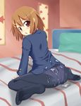  ass bed blazer blush brown_eyes brown_hair crotch_seam cum cum_on_ass cum_on_clothes feet highres hirasawa_yui jacket k-on! looking_back no_pants panties panties_under_pantyhose pantyhose school_uniform short_hair sitting soles solo towamin underwear wariza 