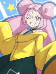  1girl ;d bare_shoulders black_jacket blue_background commentary_request double_bun grin hair_bun highres iono_(pokemon) jacket jchoy long_hair looking_at_viewer multicolored_jacket off-shoulder_jacket off_shoulder one_eye_closed pink_hair pokemon pokemon_sv purple_eyes sleeves_past_fingers sleeves_past_wrists smile solo star_(symbol) two-tone_jacket upper_body w_arms yellow_jacket 