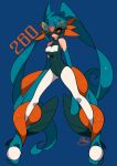  1girl blue_background blue_one-piece_swimsuit closed_mouth commentary_request full_body long_hair looking_at_viewer mega_swampert one-piece_swimsuit orange_eyes pantyhose personification pokedex_number pokemon sameyama_jiro signature simple_background solo swampert swimsuit tinted_eyewear twintails very_long_hair white_pantyhose 
