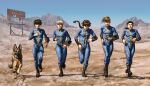  5boys absurdres billboard black_hair blonde_hair boots braid brown_hair chang_wufei commission crossover damaged day desert dog dogmeat duo_maxwell fallout fallout_4 german_shepherd gundam gundam_wing heero_yuy highres long_hair multiple_boys nuka_cola quatre_raberba_winner running sapphiregamgee short_hair trowa_barton vault_dweller vault_suit 