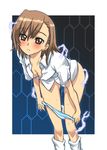  bent_over biribiri blush breasts brown_eyes brown_hair cleavage downblouse electricity highres loose_socks medium_breasts misaka_mikoto nagy panties panty_pull pussy_juice short_hair socks solo striped striped_panties sweat to_aru_kagaku_no_railgun to_aru_majutsu_no_index underwear undressing 