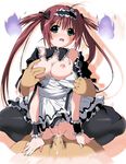  1girl airi_(queen's_blade) blush breast_grab breasts censored cowgirl_position girl_on_top grabbing green_eyes hetero highres kasuga_souichi large_breasts long_hair maid open_clothes penis queen's_blade red_hair saliva sex solo_focus straddling testicles thighhighs twintails 