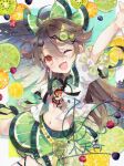  1girl ;d ahoge arm_up black_wings blueberry bow brown_hair commentary_request fang food food-themed_hair_ornament fruit green_bow green_skirt hair_between_eyes hair_ornament hairclip heart heart_hair_ornament kiwi_(fruit) kiwi_slice lime_(fruit) lime_hair_ornament lime_print lime_slice long_hair looking_at_viewer navel one_eye_closed open_clothes open_mouth open_shirt orange_(fruit) orange_hair_ornament orange_slice puffy_short_sleeves puffy_sleeves raspberry red_eyes reiuji_utsuho shirt short_sleeves signature skin_fang skirt smile solo stomach third_eye touhou toutenkou twitter_username watermark white_shirt wings x_hair_ornament 