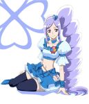  1girl aono_miki blue_choker blue_eyes blue_skirt blue_wrist_cuffs boots bow brooch choker clover_brooch cure_berry earrings fresh_precure! hair_ornament hairband heart heart_brooch heart_hair_ornament jewelry long_hair looking_at_viewer magical_girl midriff moritakusan ponytail pouch precure purple_eyes purple_hair sitting skirt smile thighhighs white_background wrist_cuffs 