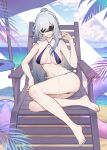  1girl absurdres ass ball barefoot beach_chair beach_umbrella beachball bikini black_blindfold blindfold blue_nails blue_sky breasts chinese_commentary cloud cloudy_sky collarbone commentary cup day earrings elbow_rest facing_viewer feet grey_hair hair_between_eyes highres holding holding_cup honkai:_star_rail honkai_(series) jewelry jingliu_(honkai:_star_rail) large_breasts large_variant_set legs long_hair nail_polish navel outdoors paid_reward_available parted_lips pouring pouring_onto_self purple_bikini sakazuki sitting sky smirk solo stomach swim_ring swimsuit thighs toenail_polish toenails toes umbrella variant_set very_long_hair yunkaiming 