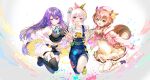  3girls :d airani_iofifteen airani_iofifteen_(1st_costume) animal_ears area_15 art_brush ayunda_risu ayunda_risu_(1st_costume) baggy_clothes beret bilingual_commentary black_boots black_choker black_shirt black_shorts blonde_hair blue_bow blue_bowtie blue_hair blue_overalls boots bow bow_hairband bowtie brooch brown_choker brown_hair cable_knit cardigan choker closed_mouth clothing_cutout collared_shirt colored_inner_hair commentary cropped_shirt double-parted_bangs dress empire_waist english_commentary full_body fur-trimmed_thighhighs fur_choker fur_trim gradient_hair green_eyes green_hairband green_shoes hair_between_eyes hair_bun hair_ornament hairband hairclip halter_shirt halterneck hat highres hololive hololive_indonesia hood hooded_cardigan jacket jewelry leaf_hair_ornament long_hair long_sleeves looking_at_viewer low_twintails mixed-language_commentary moona_hoshinova moona_hoshinova_(1st_costume) multicolored_hair multiple_girls off_shoulder open_mouth overalls paint_on_clothes paint_palette paint_splatter paint_splatter_on_face paint_tube paintbrush pants pants_rolled_up pink_cardigan pink_hair pink_hairband pouch purple_eyes purple_hair shirt shoes short_dress short_shorts shorts shoulder_cutout side_ponytail side_up_bun single_side_bun skin_tight smile sneakers sowon squirrel_ears squirrel_girl squirrel_tail star_brooch starry_hair streaked_hair striped_clothes striped_thighhighs sweater tail teeth thigh_boots thigh_pouch thighhighs twintails two-tone_hair two-tone_hairband upper_teeth_only vertical-striped_clothes vertical-striped_thighhighs virtual_youtuber white_dress white_hair white_jacket white_sweater white_thighhighs wing_collar 