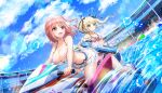  2girls bare_arms bare_legs bare_shoulders bikini blonde_hair blue_eyes blue_sky breasts cleavage cloud dead_or_alive dead_or_alive_xtreme dolphin_wave frilled_skirt frills game_cg gun hair_between_eyes hair_ribbon highres holding holding_gun holding_weapon honoka_(doa) jet_ski large_breasts light_smile long_hair marie_rose multiple_girls navel non-web_source ocean official_art on_jet_ski ootomo_takuji open_mouth pink_hair pleated_skirt red_eyes ribbon side_ponytail skirt sky small_breasts smile swimsuit twintails watercraft weapon 