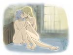  barefoot bed blonde_hair blush breasts caracol closed_eyes couple eila_ilmatar_juutilainen feet fingering holding_hands kiss long_hair medium_breasts multiple_girls nipples nude sanya_v_litvyak short_hair silver_hair strike_witches world_witches_series yuri 