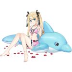  1girl barefoot bikini bikini_skirt black_ribbon blonde_hair breasts cross-laced_bikini cross-laced_clothes dead_or_alive dead_or_alive_xtreme_venus_vacation dolphin dolphin_wave game_cg hair_ornament hair_ribbon highres inflatable_dolphin inflatable_toy lace-trimmed_swimsuit lace_trim long_hair looking_at_viewer marie_rose navel non-web_source official_art ootomo_takuji petals pink_bikini pointing pointing_up ribbon rose_petals sitting small_breasts solo spread_legs swimsuit transparent_background twintails x_hair_ornament 