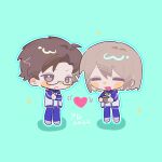  2boys air40175 aqua_background blue_pants blue_sleeves blush_stickers brown_eyes brown_hair chibi chibi_only chinese_commentary collared_shirt commentary_request crossed_arms flower_pot fuji_shuusuke grey_shoes heart highres holding holding_flower_pot jacket male_focus medium_hair multiple_boys open_clothes open_jacket open_mouth pants polo_shirt shirt shoes short_hair simple_background smile sparkle sprout tennis_no_ouji-sama tezuka_kunimitsu white_jacket white_shirt yaoi 