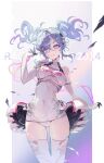  1girl bare_shoulders blue_eyes blue_hair character_name cleavage_cutout clothing_cutout coloringday covered_navel cowboy_shot crossed_bangs elbow_gloves engine floating_hair gloves goodsmile_racing grey_gloves grey_shirt grin hair_between_eyes halter_shirt halterneck hashtag-only_commentary hatsune_miku headphones highres hip_gear long_hair looking_at_viewer no_pants panties parted_lips pillarboxed print_shirt racing_miku racing_miku_(2014) shirt sidelocks skin_tight sleeveless sleeveless_shirt smile solo standing thigh_gap thighhighs twintails two-tone_gloves underwear vocaloid white_background white_gloves white_panties white_shirt white_thighhighs 