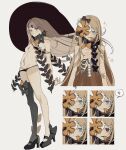  1girl abigail_williams_(fate) absurdres bisected black_panties blonde_hair blue_eyes expressionless fate/grand_order fate_(series) flat_chest flower full_body hat high_heels highres keyhole long_hair looking_at_viewer lowleg lowleg_panties multiple_expressions multiple_views navel note_nii panties red_eyes single_thighhigh skeleton smile thighhighs underwear upper_body very_long_hair witch_hat 