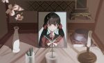  black_hair black_sailor_collar breasts collarbone danganronpa_(series) danganronpa_v3:_killing_harmony flower gakkiyui1 hair_ornament hairclip harukawa_maki highres iei long_hair low_twintails mole mole_under_eye no_humans photo_(object) red_eyes red_scrunchie red_shirt sailor_collar scrunchie shirt small_breasts twintails vase 