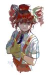  1girl absurdres black_necktie closed_mouth crying drill_hair gloves help_(american_sign_language) highres kasane_teto looking_at_viewer mesmerizer_(vocaloid) morse_code_commentary necktie patient51311752 red_eyes red_hair sign_language solo striped_clothes tears thumbs_up twin_drills upper_body utau yellow_gloves 