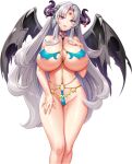  1girl absurdres akagi_rio areola_slip bikini black_horns blue_bikini bone_armor breasts cleavage closed_mouth collar covered_navel covered_nipples dragon_girl dragon_horns fafnira_dracour fang forehead_jewel game_cg grey_hair hand_on_own_chest hand_on_own_thigh highres horn_ornament horns jewelry long_hair long_sidelocks looking_at_viewer metal_collar micro_bikini milk_factory motto!_haramase!_honoo_no_oppai_isekai_oppai_maid_gakuen! nipples non-web_source o-ring o-ring_bikini official_art purple_eyes ring sidelocks solo swimsuit transparent_background wedding_ring 