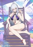  1girl absurdres anklet armlet ass ball barefoot beach_chair beach_umbrella beachball bikini blue_nails blue_sky bracelet breasts chinese_commentary cloud cloudy_sky collarbone commentary cup day earrings elbow_rest feet grey_hair hair_between_eyes highres holding holding_cup honkai:_star_rail honkai_(series) jewelry jingliu_(honkai:_star_rail) large_breasts large_variant_set legs long_hair looking_at_viewer nail_polish navel outdoors paid_reward_available parted_lips pouring pouring_onto_self purple_bikini red_eyes sakazuki sitting sky smirk solo stomach swim_ring swimsuit thighs toenail_polish toenails toes umbrella variant_set very_long_hair yunkaiming 