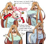  1girl absurdres circle dress emoji english_text highres holding_own_breasts looking_at_viewer murgoten one_eye_closed open_mouth original solo undressing white_dress 