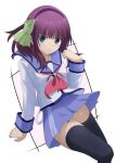  1girl angel_beats! black_thighhighs blue_skirt commentary_request feet_out_of_frame green_eyes green_ribbon hair_ribbon hairband hand_up highres lelie_(lelie_link) long_sleeves looking_at_viewer nakamura_yuri neckerchief parted_lips pink_neckerchief pleated_skirt purple_hair purple_hairband ribbon school_uniform shinda_sekai_sensen_uniform shirt skirt solo thighhighs white_background white_shirt zettai_ryouiki 