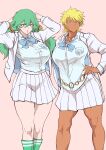  2girls absurdres bleach breasts comic_hand cowboy_shot dark-skinned_female dark_skin green_eyes highres jacket long_hair miniskirt multiple_girls nelliel_tu_odelschwanck official_alternate_costume pink_background pleated_skirt school_uniform shirt short_hair simple_background skirt tier_harribel white_jacket white_shirt white_skirt 