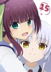  2girls angel_beats! anniversary closed_mouth commentary_request green_eyes green_ribbon grey_hair hair_ribbon hairband highres lelie_(lelie_link) looking_at_viewer multiple_girls nakamura_yuri open_mouth purple_hair purple_hairband ribbon school_uniform shinda_sekai_sensen_uniform shirt simple_background smile tachibana_kanade white_background white_shirt yellow_eyes 