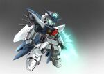  absurdres arms_at_sides chibi chinese_commentary clenched_hand commentary_request full_body g-saviour_gundam glowing glowing_eyes gradient_background green_eyes grey_background gundam gundam_g-saviour highres making-of_available mecha mecha_focus mobile_suit no_humans open_hand robot science_fiction sd_gundam solo v-fin zakuma 