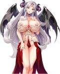  1girl absurdres akagi_rio areola_slip black_horns bone_armor breasts cleavage closed_mouth dragon_girl dragon_horns dragon_wings fafnira_dracour fang forehead_jewel game_cg grey_hair half-skirt hand_on_own_chest hand_on_own_thigh highres horn_ornament horns jewelry long_hair long_sidelocks looking_at_viewer milk_factory motto!_haramase!_honoo_no_oppai_isekai_oppai_maid_gakuen! nipples non-web_source official_art ring showgirl_skirt sidelocks solo transparent_background wedding_ring wings 