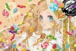  1girl 2022 :o alternate_costume alternate_headwear aqua_eyes blonde_hair bonnet bow candy candy_earrings catching checkered_background child countdown curly_hair earrings eyelashes falling_candy food frilled_bonnet frilled_bow frilled_shirt frills hands_up holding holding_candy holding_food holding_lollipop jewelry kinoshita_sakura lollipop long_hair looking_to_the_side plaid_bonnet plaid_bow rosalie_(tactics) shirt sidelocks solo tactics twintails upper_body wrapped_candy 