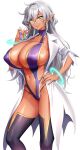  1girl absurdres akagi_rio arm_up boots breasts cleavage closed_mouth coat dark-skinned_female dark_elf dark_skin earrings elf game_cg glasses grey_hair hand_on_own_hip highres holding holding_test_tube holographic_clothing hoop_earrings huge_breasts jewelry lab_coat leotard long_hair long_pointy_ears looking_at_viewer mature_female messy_hair milk_factory motto!_haramase!_honoo_no_oppai_isekai_oppai_maid_gakuen! navel non-web_source official_art open_clothes open_coat open_leotard parthia_ramsey pointy_ears purple_leotard round_eyewear smile solo test_tube thigh_boots thighhighs transparent_background white_coat yellow_eyes 