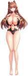  1girl absurdres akagi_rio areola_slip ass_visible_through_thighs barefoot bell black_one-piece_swimsuit blue_eyes breasts brown_hair cleavage clothing_cutout double_bun eibel_haurisia game_cg hair_bell hair_bun hair_ornament hands_on_own_chest highres huge_breasts long_hair long_sidelocks looking_at_viewer low-tied_sidelocks milk_factory motto!_haramase!_honoo_no_oppai_isekai_oppai_maid_gakuen! navel non-web_source official_art one-piece_swimsuit sidelocks smile solo sprite standing swimsuit transparent_background 