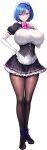  1girl absurdres akagi_rio apron arm_up black_pantyhose blue_hair boots bow bowtie braid breasts closed_mouth collar_jewel dress elbow_gloves femme_de_menage_maid_academy_uniform flower footwear_flower frilled_apron frills game_cg gem gloves hair_jewelry hand_on_own_hip high_heel_boots high_heels highres huge_breasts kriemhild_valhanna laces legs looking_at_viewer maid maid_apron maid_headdress milk_factory motto!_haramase!_honoo_no_oppai_isekai_oppai_maid_gakuen! non-web_source official_art pantyhose pink_bow pink_bowtie pink_eyes puffy_short_sleeves puffy_sleeves purple_brooch purple_gemstone short_hair short_sleeves single_braid smile solo sprite standing transparent_background waist_apron white_apron white_gloves 