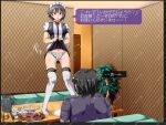  1girl black_hair clothes_lift commentary_request maid_headdress nyuu_(manekin-eko) original panties polka_dot polka_dot_panties skirt skirt_lift translation_request underwear waitress white_panties 