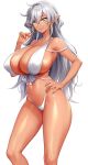  1girl absurdres akagi_rio arm_up bikini breasts cleavage closed_mouth covered_nipples dark-skinned_female dark_elf dark_skin earrings elf game_cg grey_hair hand_on_own_hip highres hoop_earrings huge_breasts jewelry long_hair long_pointy_ears looking_at_viewer mature_female messy_hair milk_factory motto!_haramase!_honoo_no_oppai_isekai_oppai_maid_gakuen! navel non-web_source official_art parthia_ramsey pointy_ears round_eyewear sideboob smile solo swimsuit transparent_background white_bikini yellow_eyes 