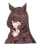 1girl alternate_hairstyle animal_ears bespectacled brown_sweater gentildonna_(umamusume) glasses hair_down highres hood hooded_sweater horse_ears ido_(teketeke) looking_at_viewer simple_background smile solo sweater umamusume upper_body white_background 