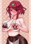  1girl absurdres bikini blush bob_cut breasts brown_bikini brown_hair brown_pantyhose chest_jewel closed_mouth commentary_request core_crystal_(xenoblade) covered_navel earrings gem green_gemstone heart heart_hands highres jewelry large_breasts maid maid_bikini pantyhose pantyhose_under_swimsuit polka_dot polka_dot_background pyra_(xenoblade) red_eyes red_hair short_hair side-tie_bikini_bottom sidelocks solo sweat swimsuit tiara unconventional_maid upper_body variant_set xenoblade_chronicles_(series) xenoblade_chronicles_2 yotsuha_uni 